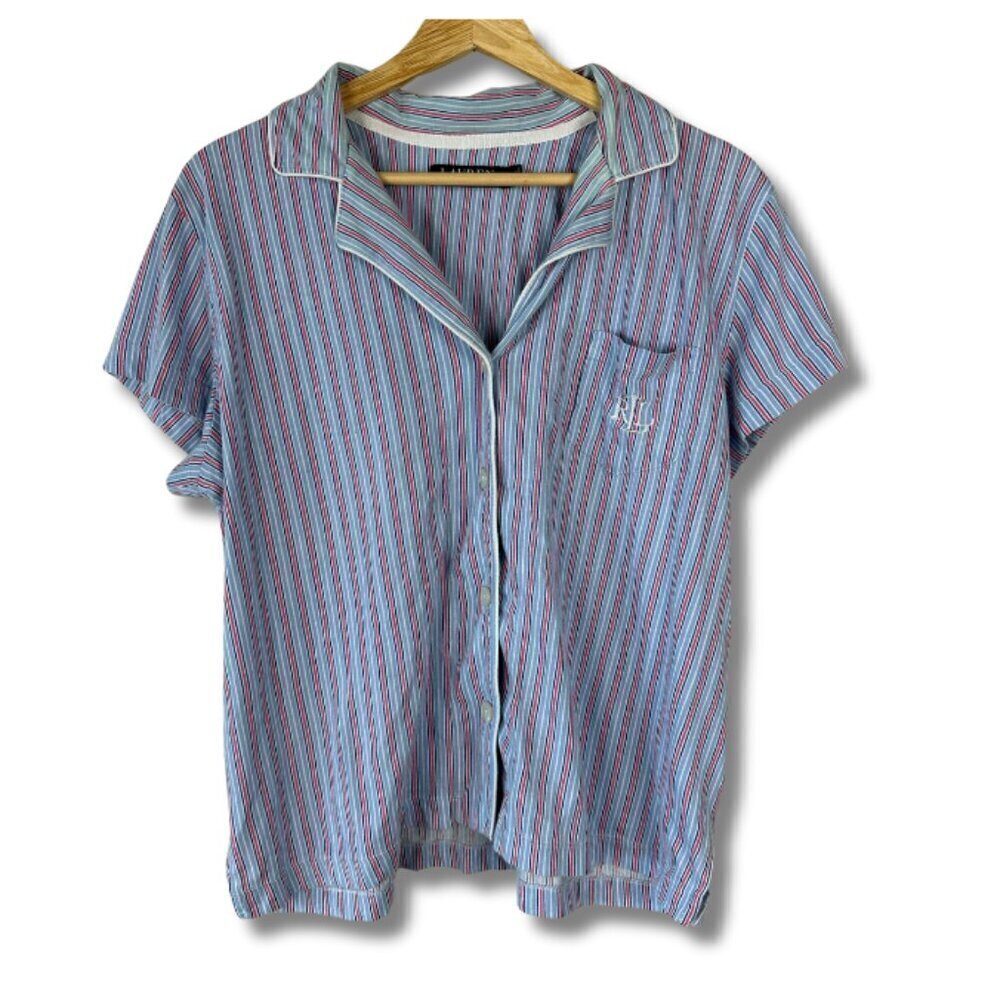 Ralph Lauren Women's Pajama Set Stripes Cotton Black Label Blue Red Large